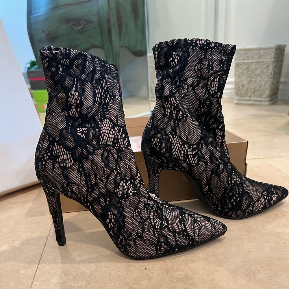 Black Lace Pointed Toe Sock Boots